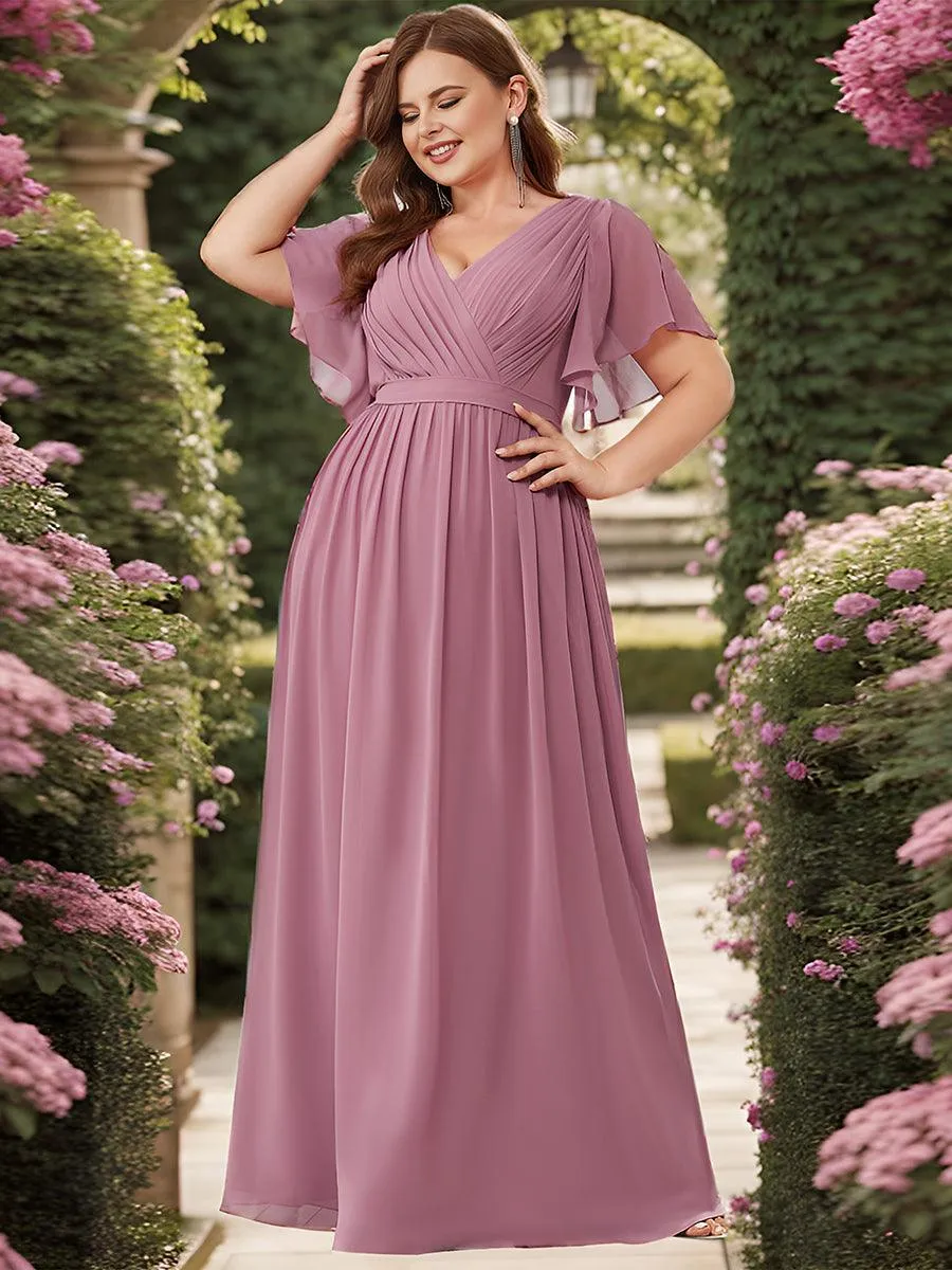 Robe de demoiselle d'honneur en mousseline de soie longue de grande taille à encolure en V Maxi