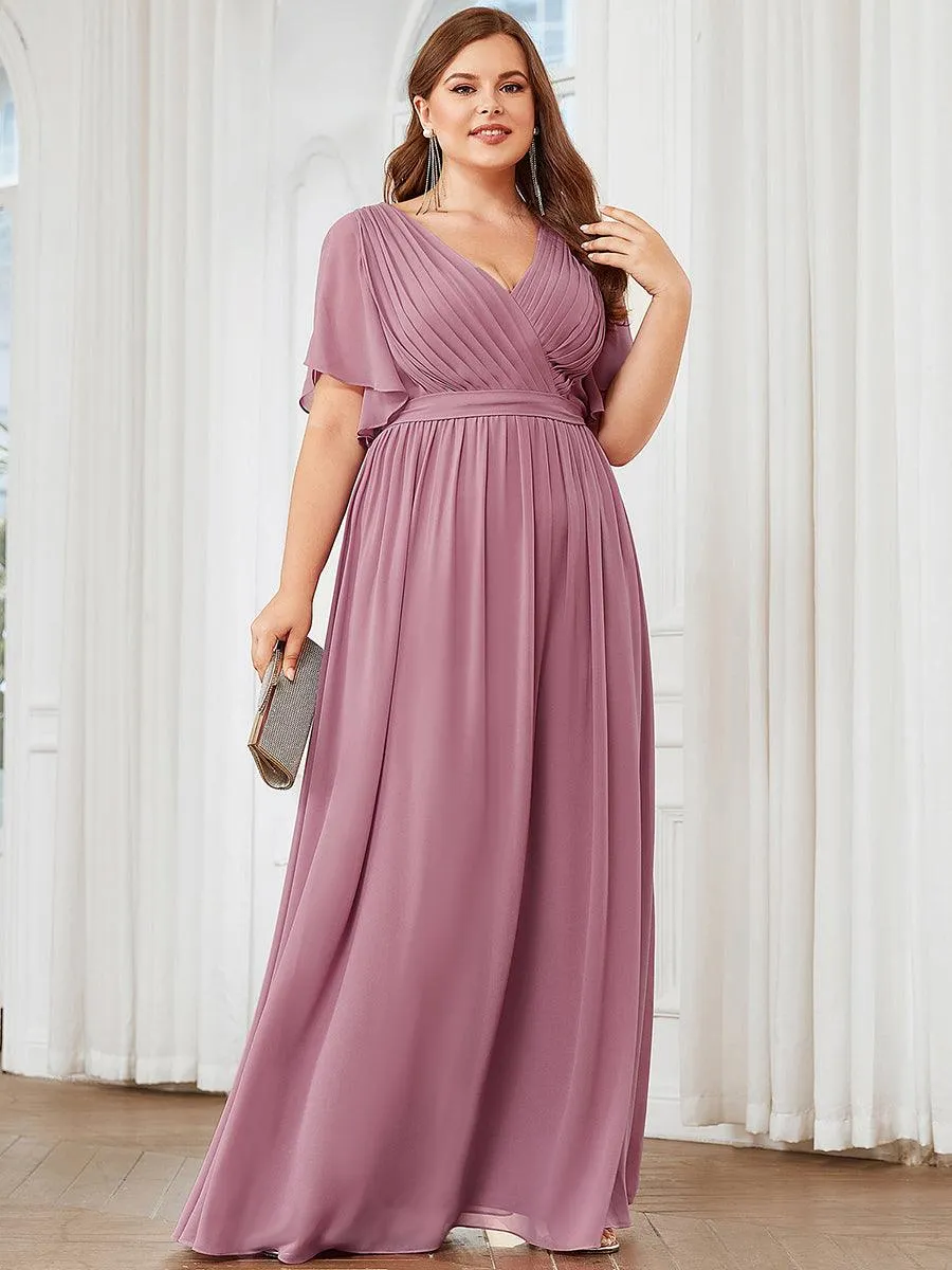 Robe de demoiselle d'honneur en mousseline de soie longue de grande taille à encolure en V Maxi