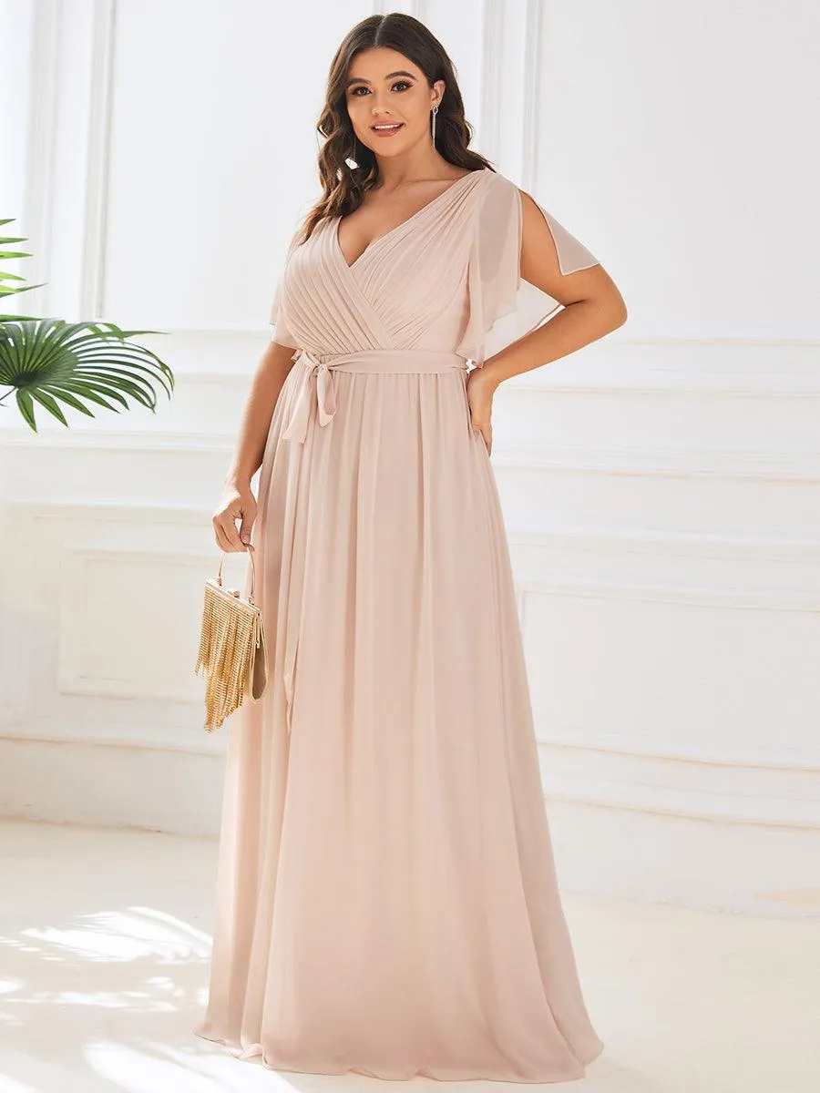 Robe de demoiselle d'honneur en mousseline de soie longue de grande taille à encolure en V Maxi