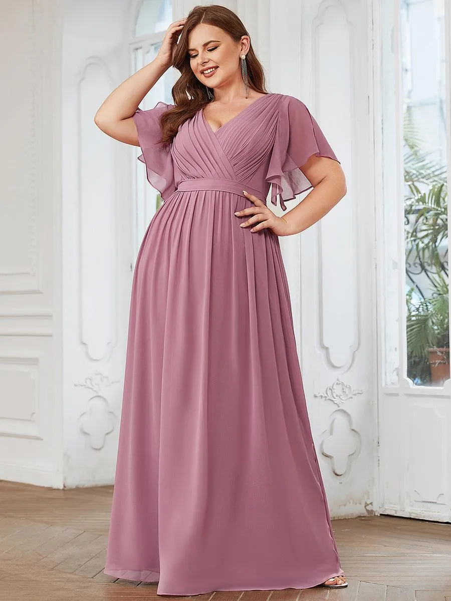 Robe de demoiselle d'honneur en mousseline de soie longue de grande taille à encolure en V Maxi