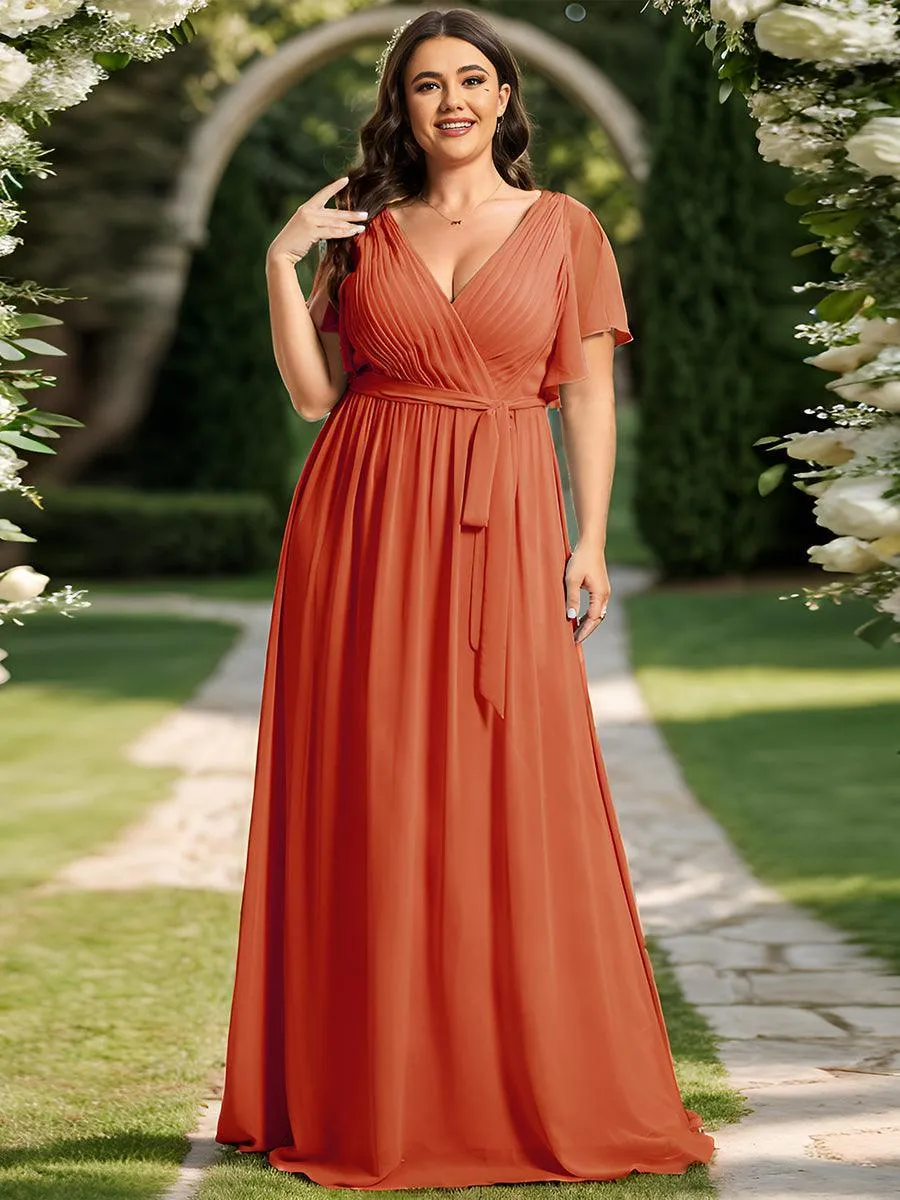 Robe de demoiselle d'honneur en mousseline de soie longue de grande taille à encolure en V Maxi