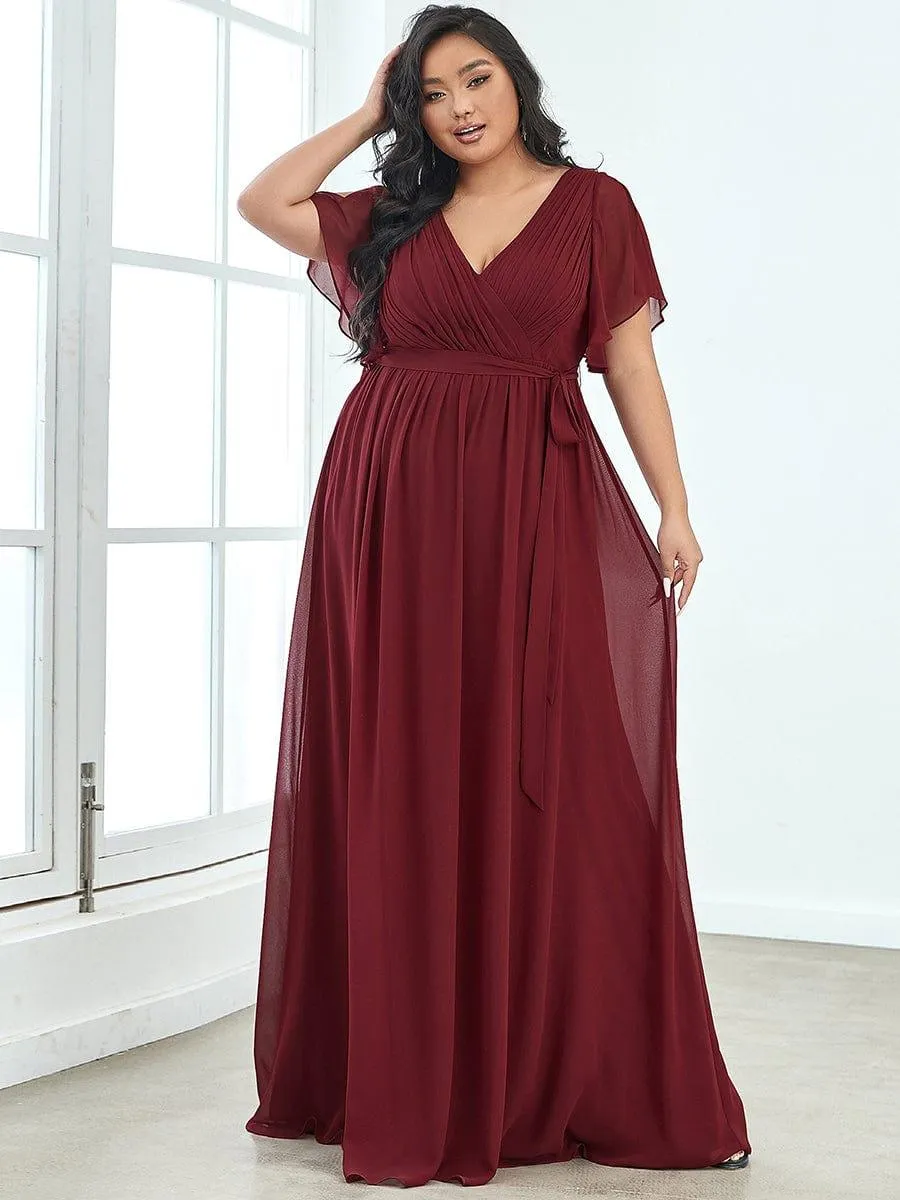 Robe de demoiselle d'honneur en mousseline de soie longue de grande taille à encolure en V Maxi