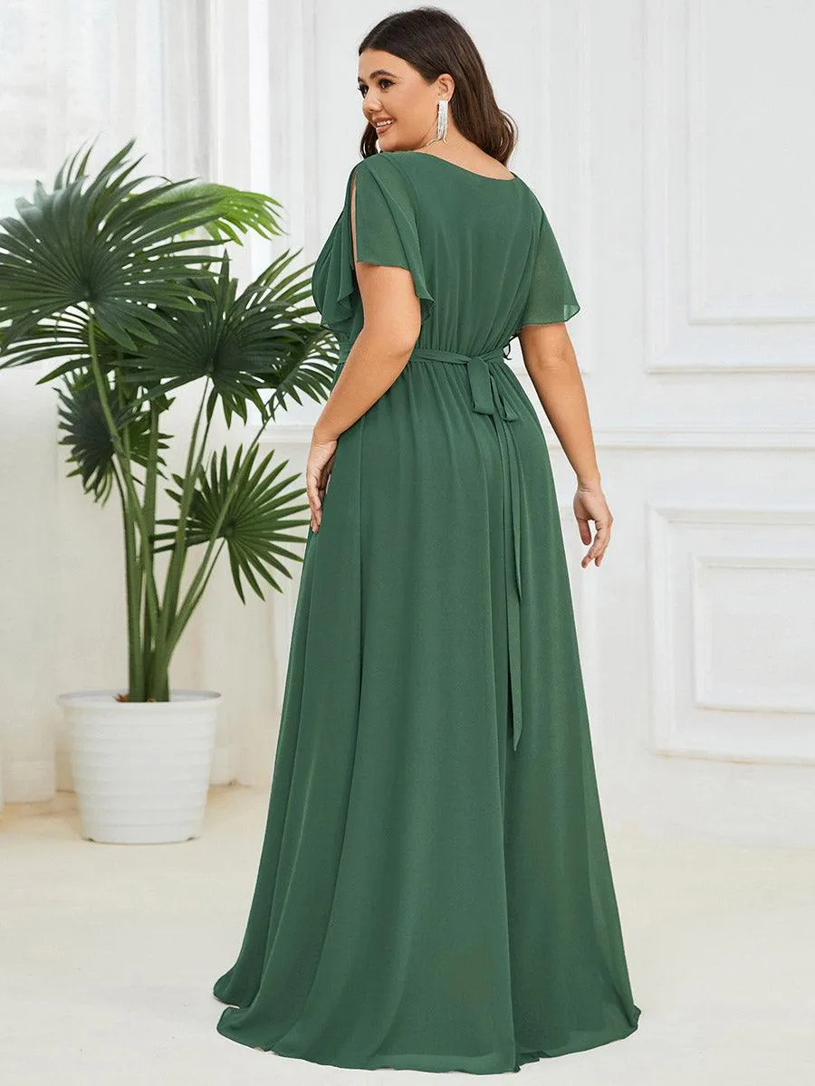 Robe de demoiselle d'honneur en mousseline de soie longue de grande taille à encolure en V Maxi
