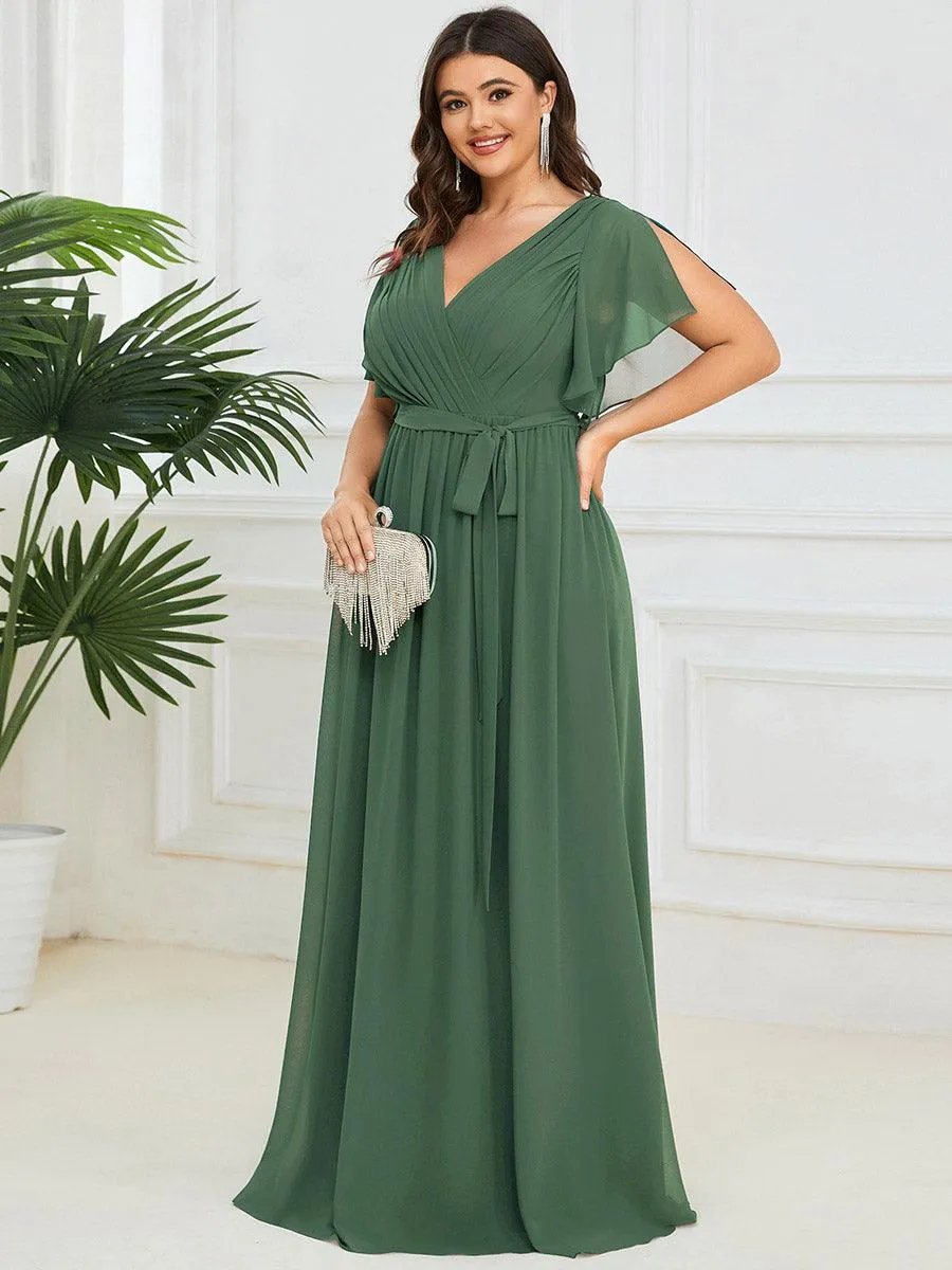 Robe de demoiselle d'honneur en mousseline de soie longue de grande taille à encolure en V Maxi