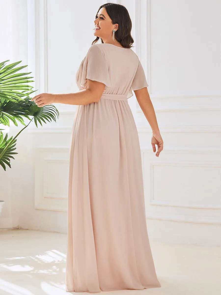 Robe de demoiselle d'honneur en mousseline de soie longue de grande taille à encolure en V Maxi