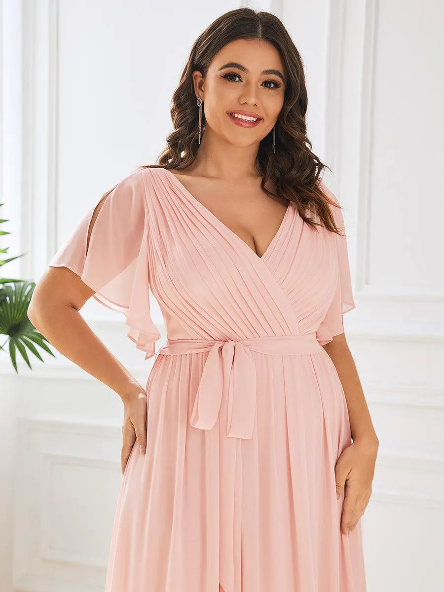 Robe de demoiselle d'honneur en mousseline de soie longue de grande taille à encolure en V Maxi