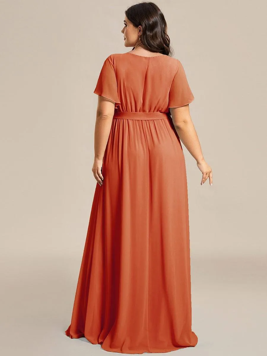 Robe de demoiselle d'honneur en mousseline de soie longue de grande taille à encolure en V Maxi