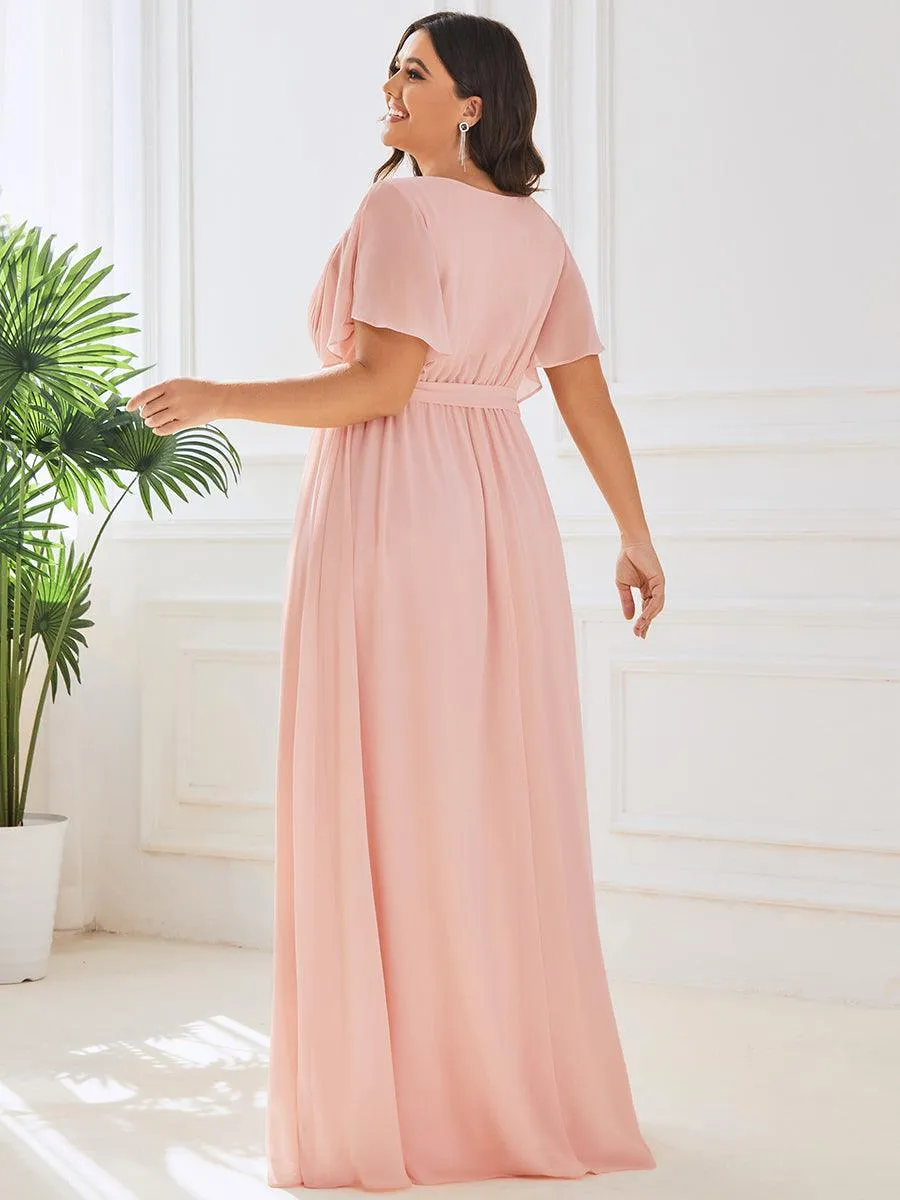 Robe de demoiselle d'honneur en mousseline de soie longue de grande taille à encolure en V Maxi