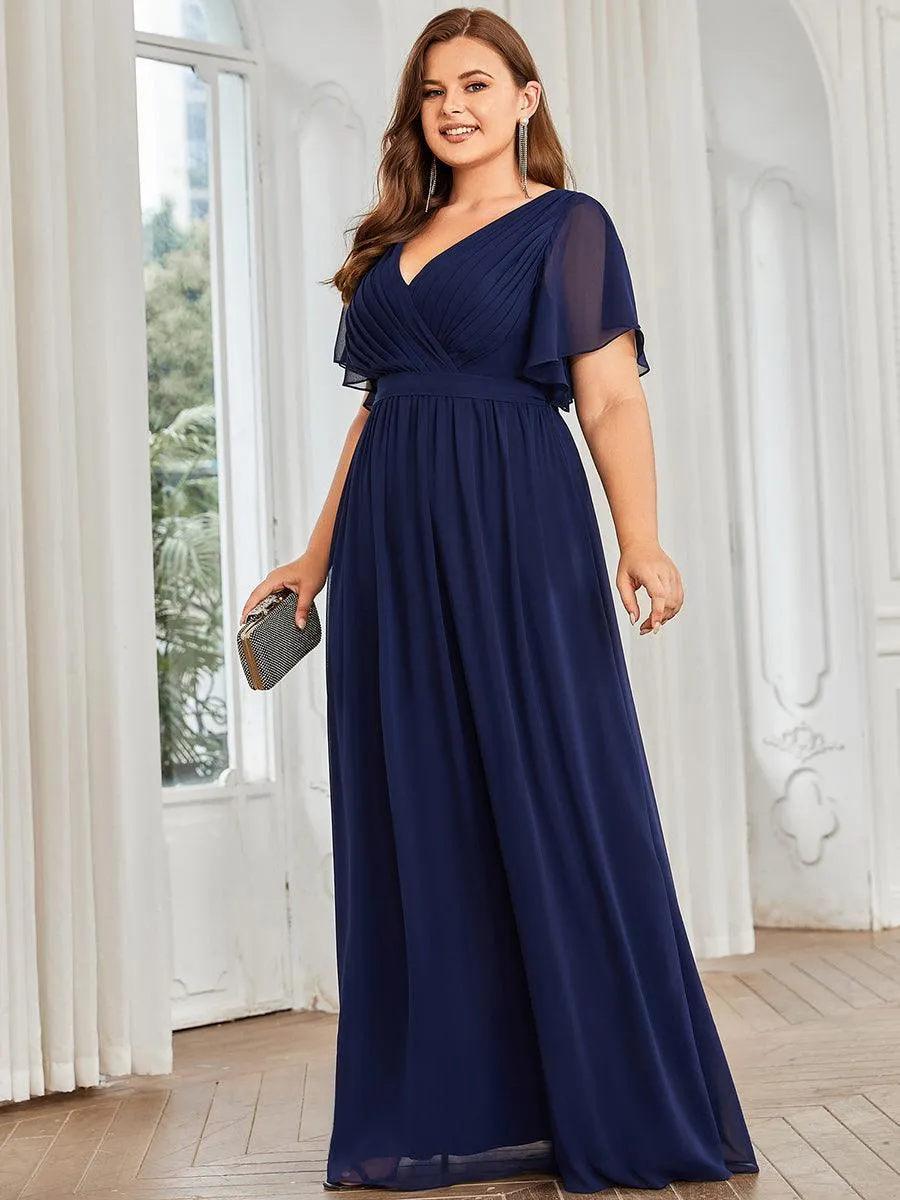 Robe de demoiselle d'honneur en mousseline de soie longue de grande taille à encolure en V Maxi