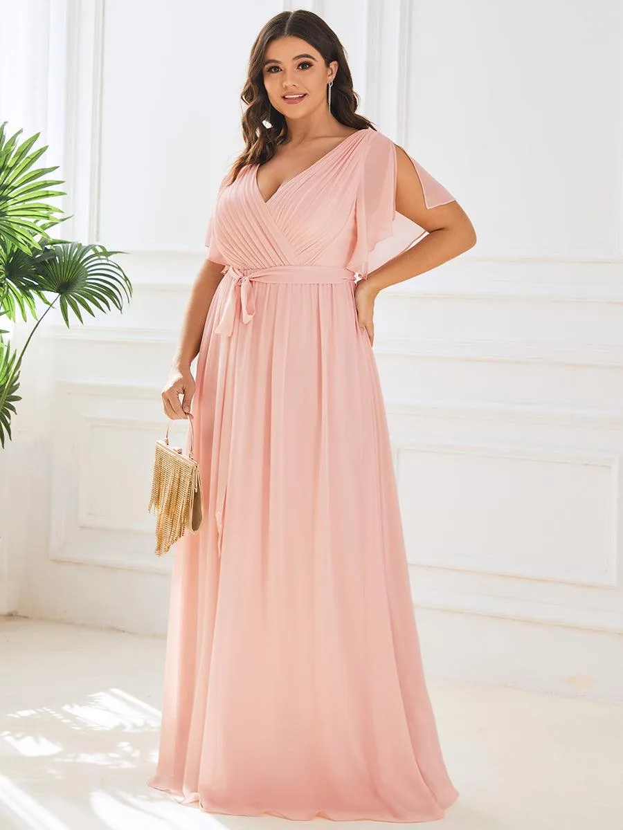 Robe de demoiselle d'honneur en mousseline de soie longue de grande taille à encolure en V Maxi