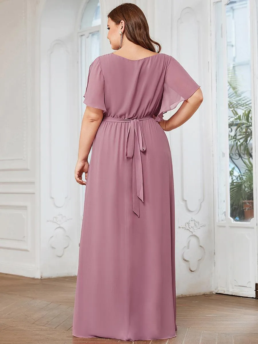 Robe de demoiselle d'honneur en mousseline de soie longue de grande taille à encolure en V Maxi