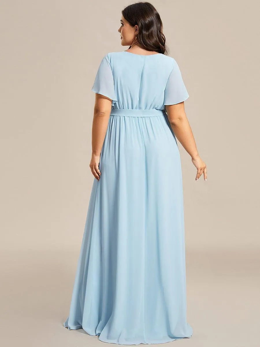 Robe de demoiselle d'honneur en mousseline de soie longue de grande taille à encolure en V Maxi
