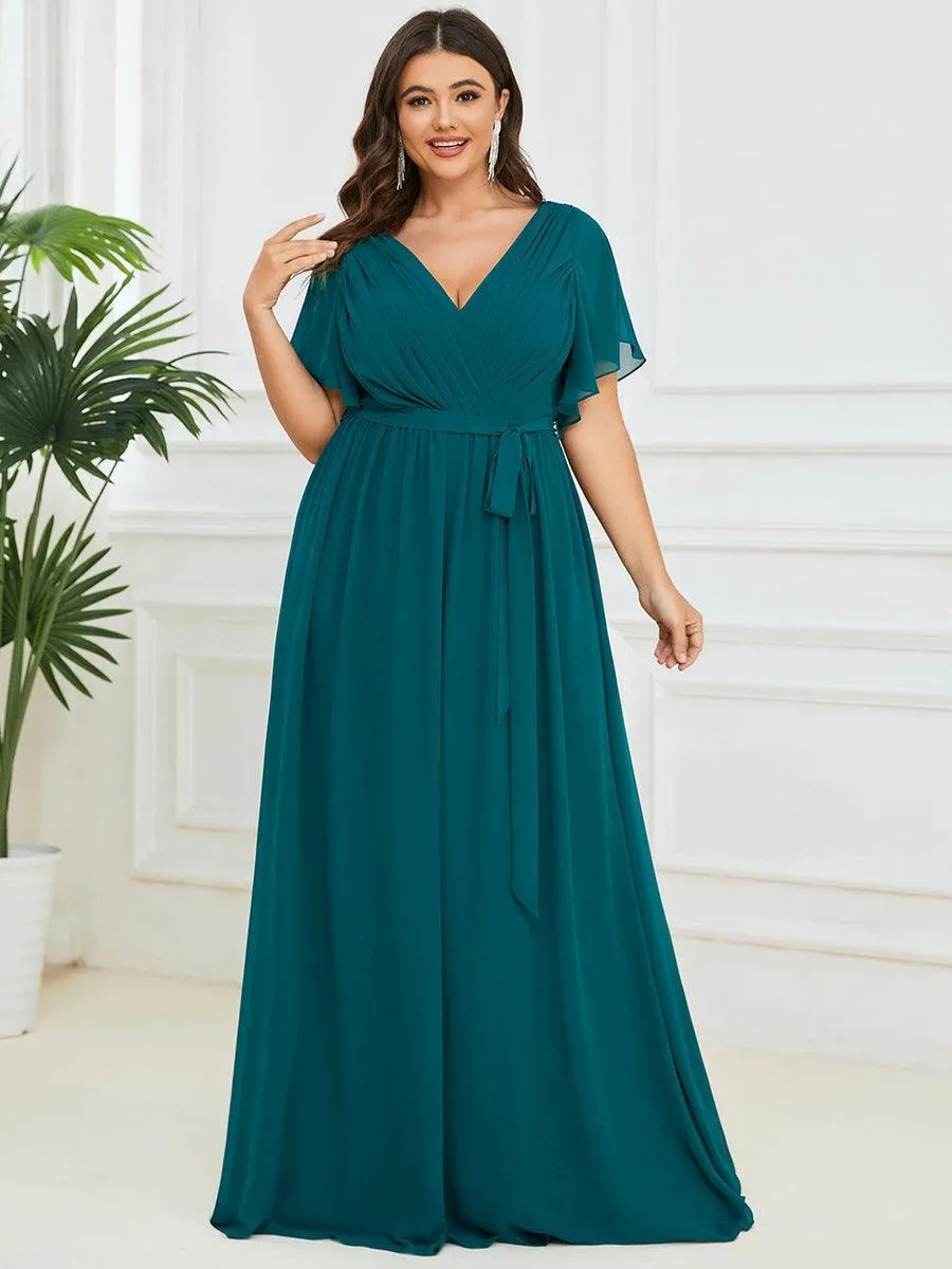 Robe de demoiselle d'honneur en mousseline de soie longue de grande taille à encolure en V Maxi