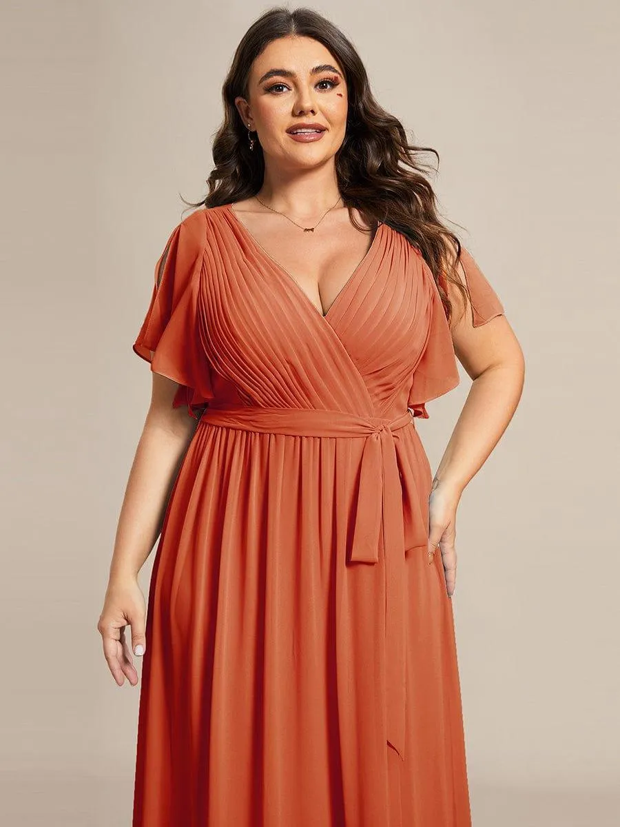 Robe de demoiselle d'honneur en mousseline de soie longue de grande taille à encolure en V Maxi