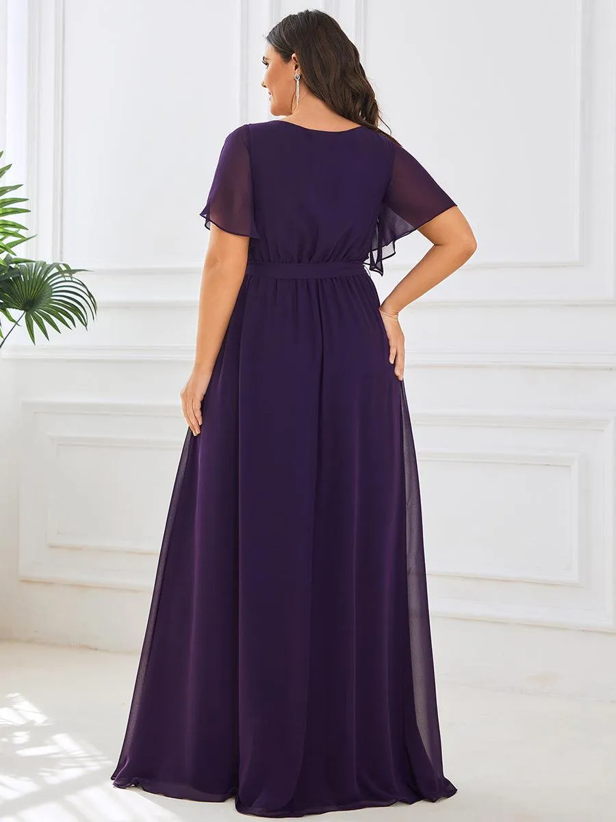 Robe de demoiselle d'honneur en mousseline de soie longue de grande taille à encolure en V Maxi