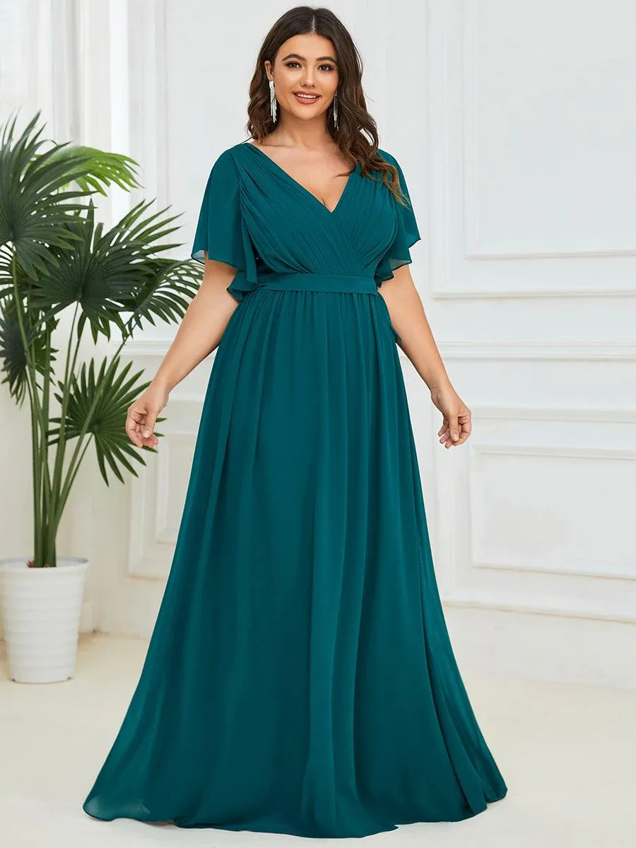 Robe de demoiselle d'honneur en mousseline de soie longue de grande taille à encolure en V Maxi
