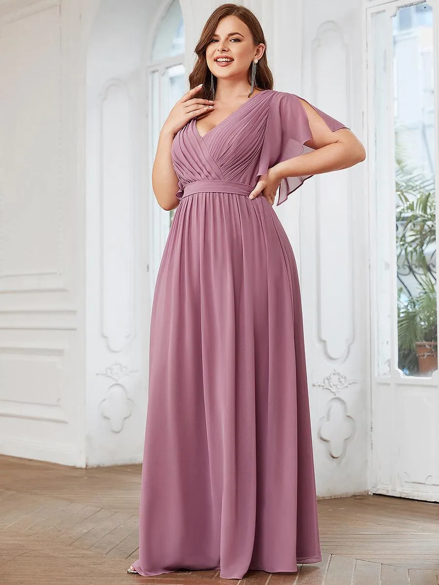 Robe de demoiselle d'honneur en mousseline de soie longue de grande taille à encolure en V Maxi