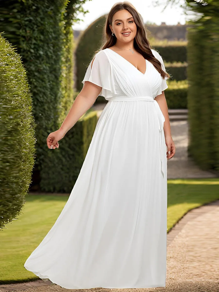 Robe de demoiselle d'honneur en mousseline de soie longue de grande taille à encolure en V Maxi