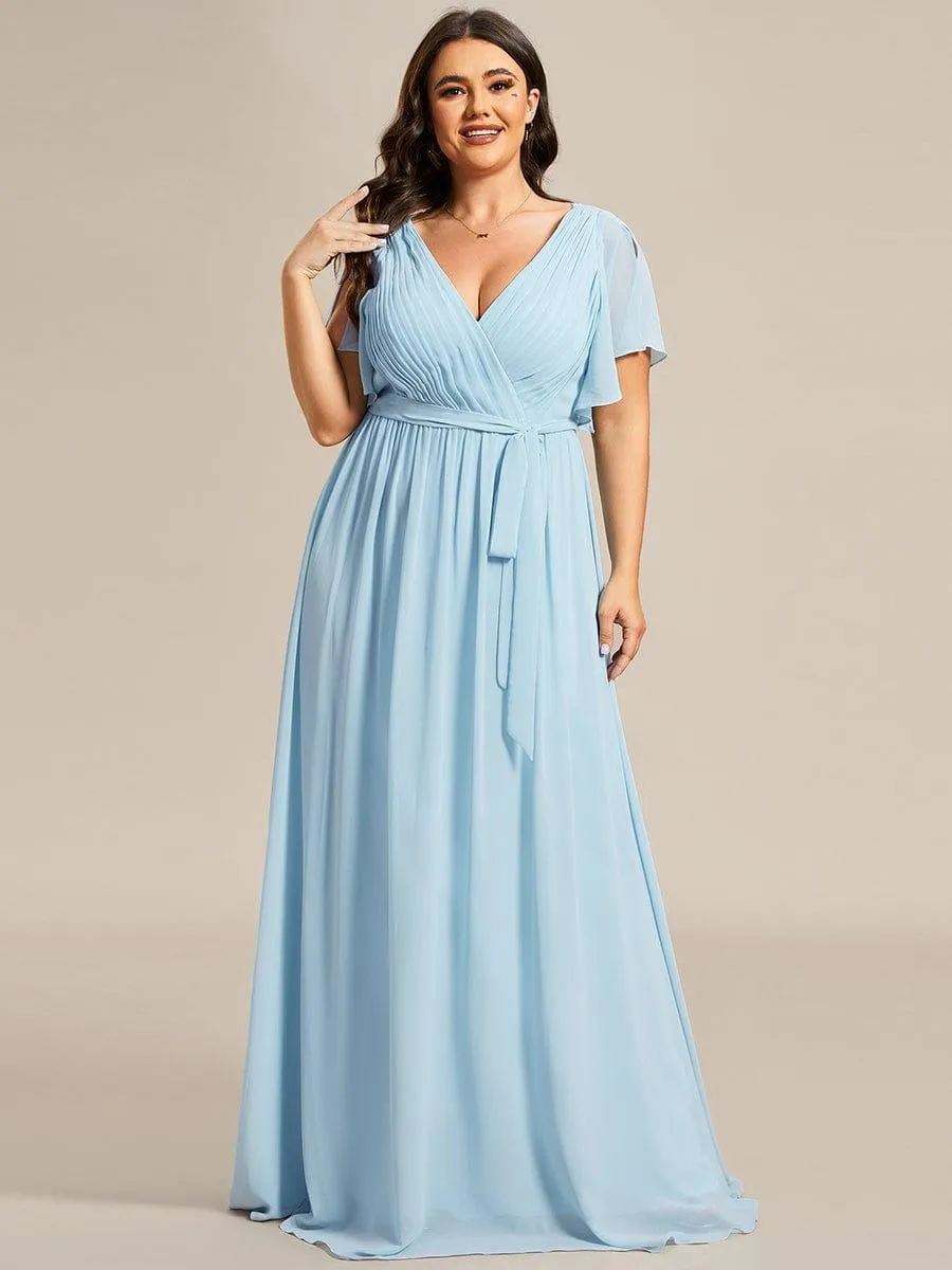 Robe de demoiselle d'honneur en mousseline de soie longue de grande taille à encolure en V Maxi