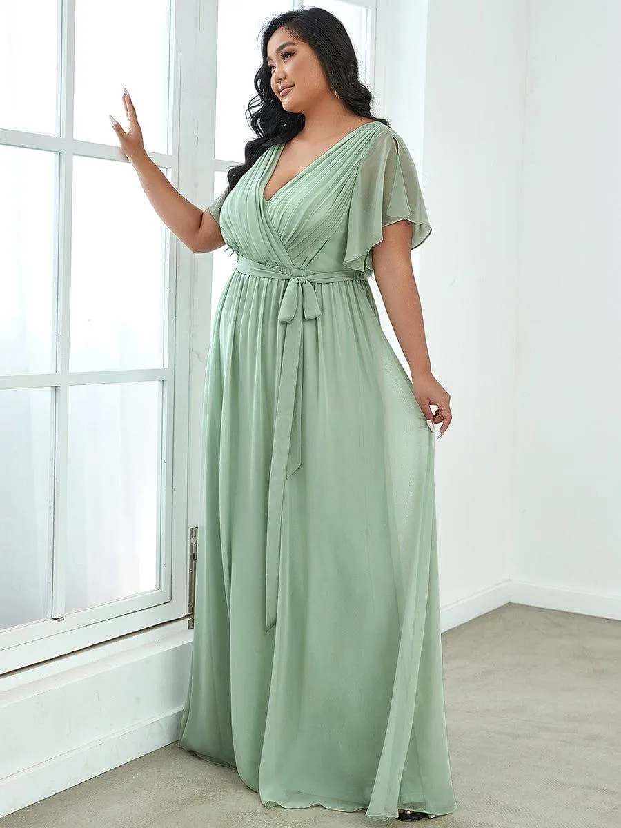 Robe de demoiselle d'honneur en mousseline de soie longue de grande taille à encolure en V Maxi