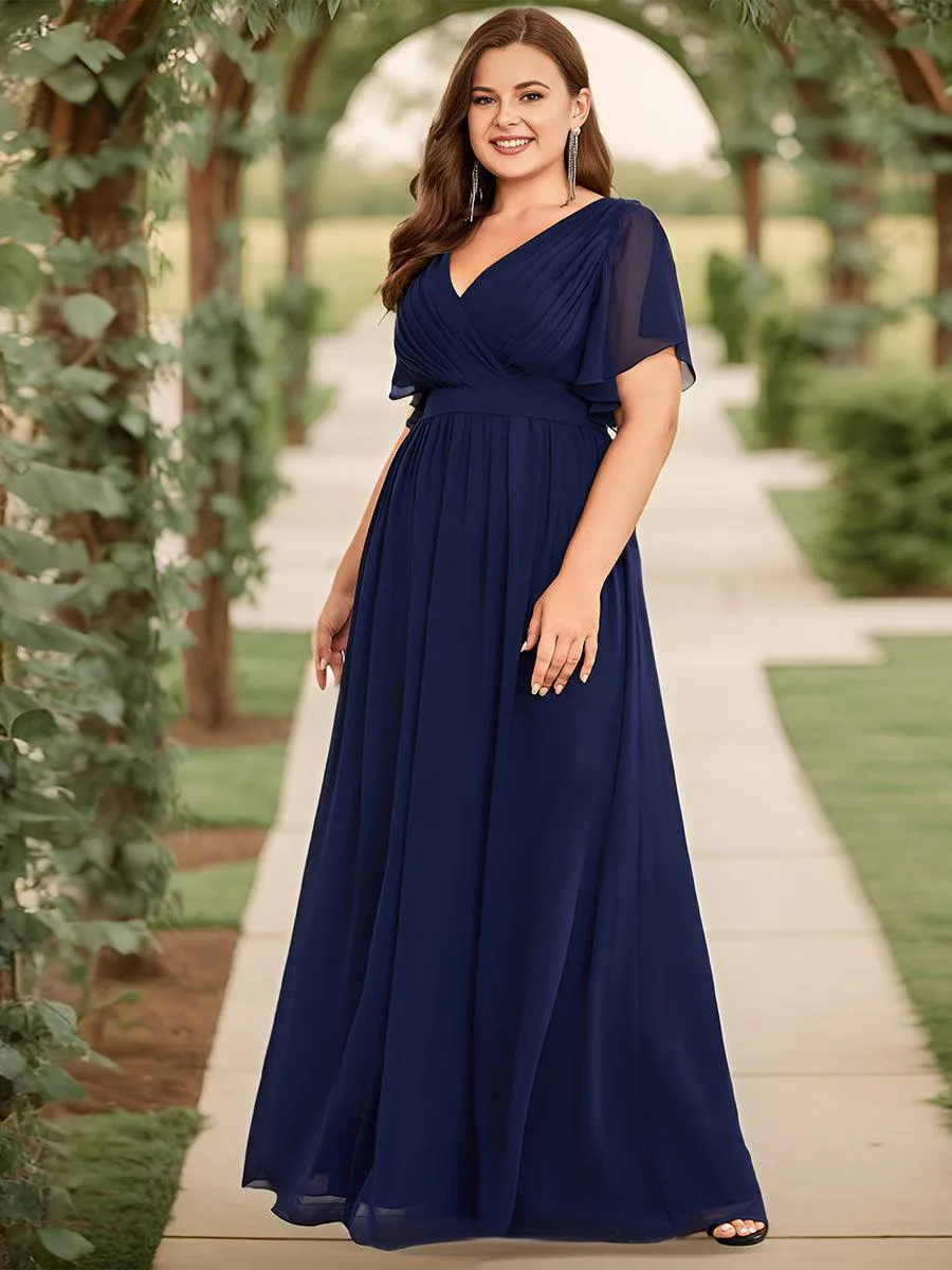 Robe de demoiselle d'honneur en mousseline de soie longue de grande taille à encolure en V Maxi