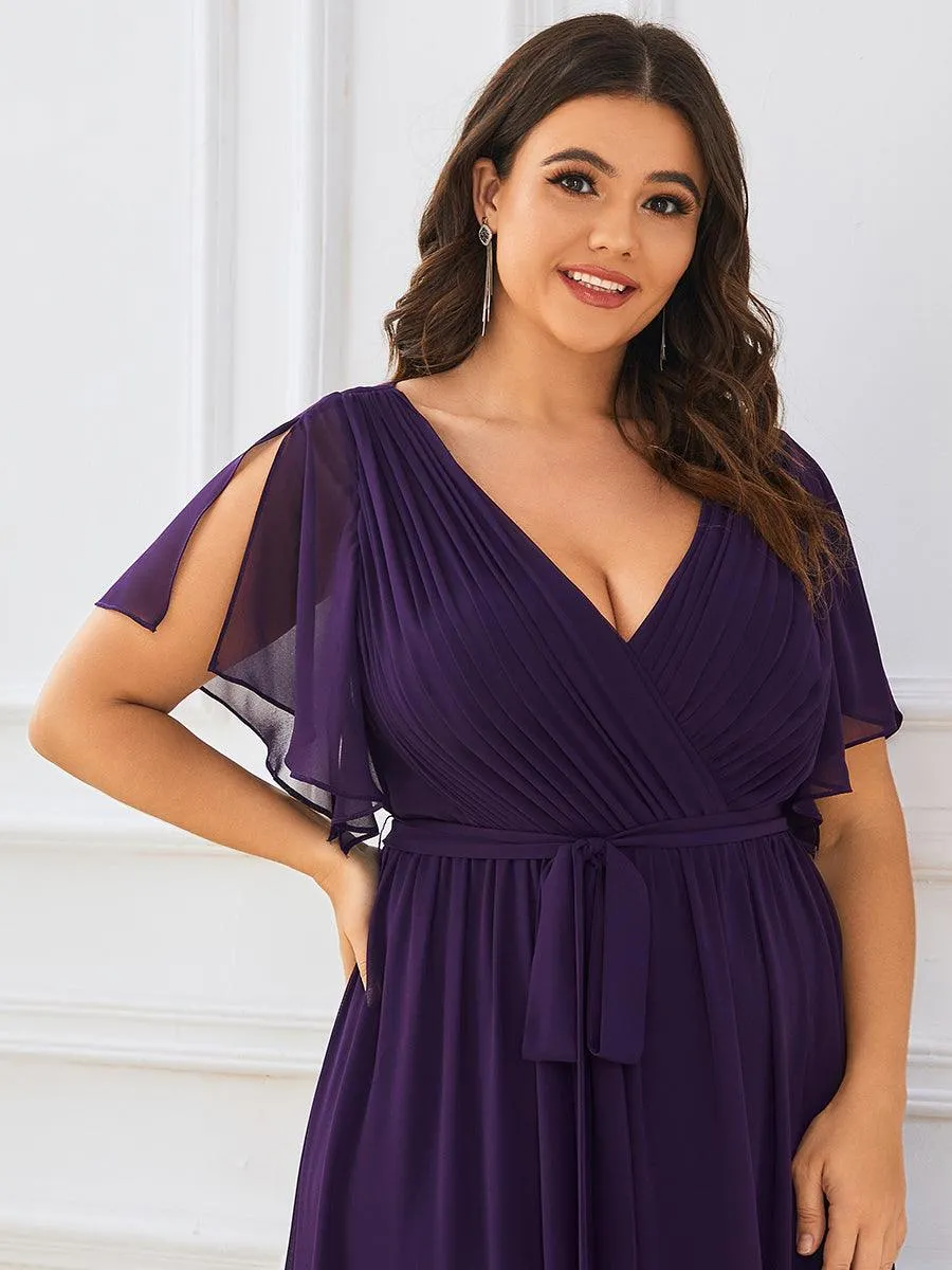 Robe de demoiselle d'honneur en mousseline de soie longue de grande taille à encolure en V Maxi