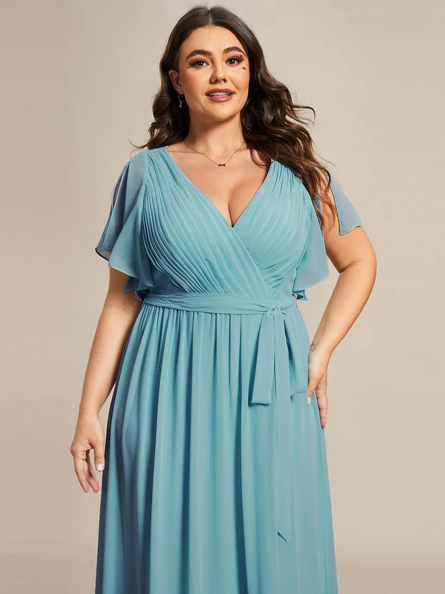Robe de demoiselle d'honneur en mousseline de soie longue de grande taille à encolure en V Maxi