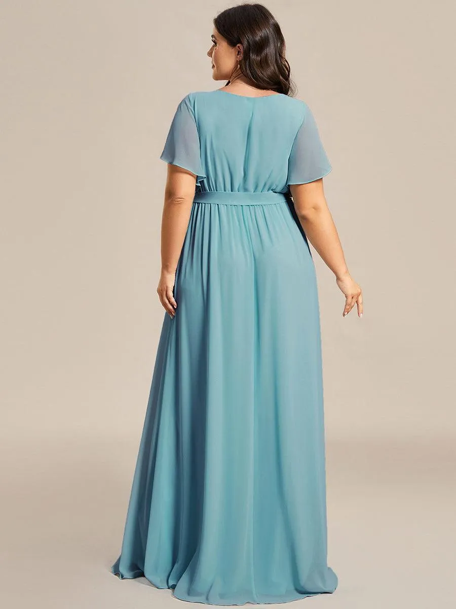 Robe de demoiselle d'honneur en mousseline de soie longue de grande taille à encolure en V Maxi
