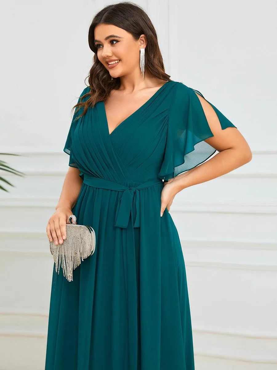 Robe de demoiselle d'honneur en mousseline de soie longue de grande taille à encolure en V Maxi