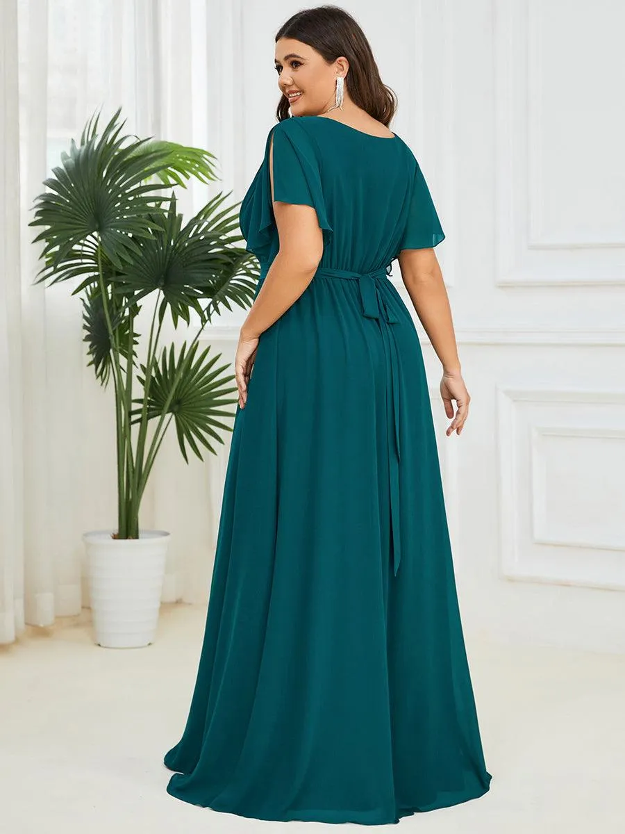 Robe de demoiselle d'honneur en mousseline de soie longue de grande taille à encolure en V Maxi
