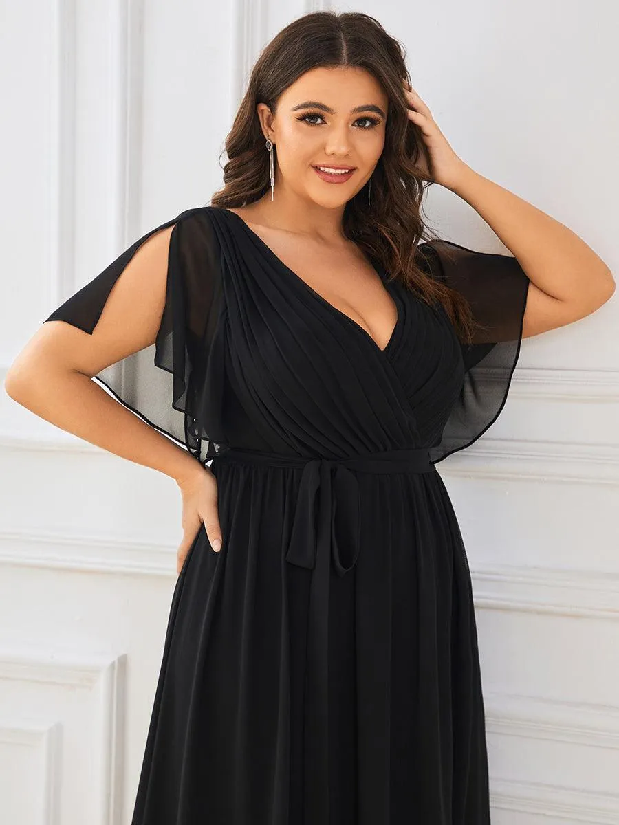Robe de demoiselle d'honneur en mousseline de soie longue de grande taille à encolure en V Maxi