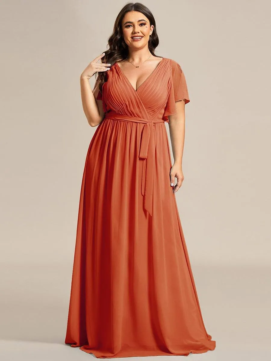 Robe de demoiselle d'honneur en mousseline de soie longue de grande taille à encolure en V Maxi