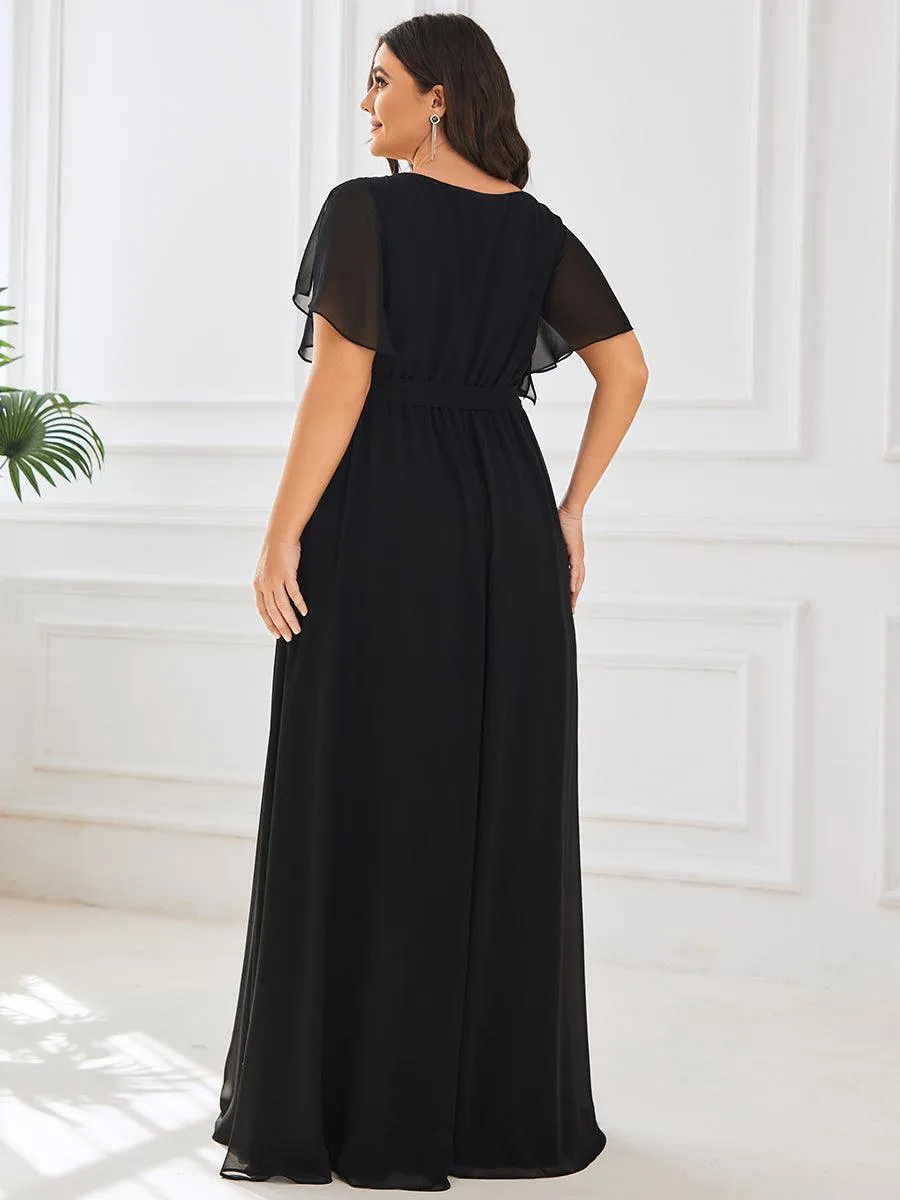 Robe de demoiselle d'honneur en mousseline de soie longue de grande taille à encolure en V Maxi