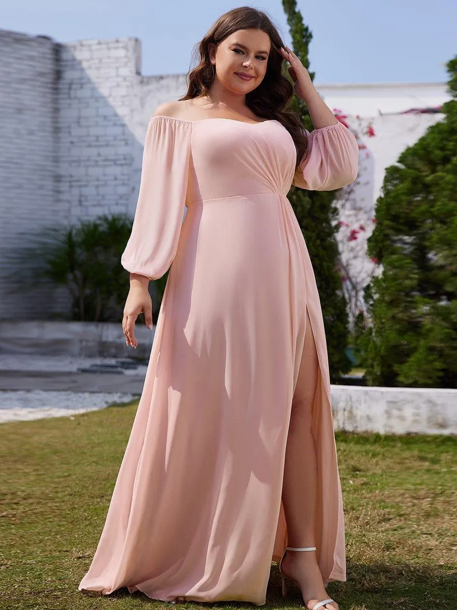 Robe de demoiselle d'honneur plissée taille haute fendue de grande taille avec manches longues