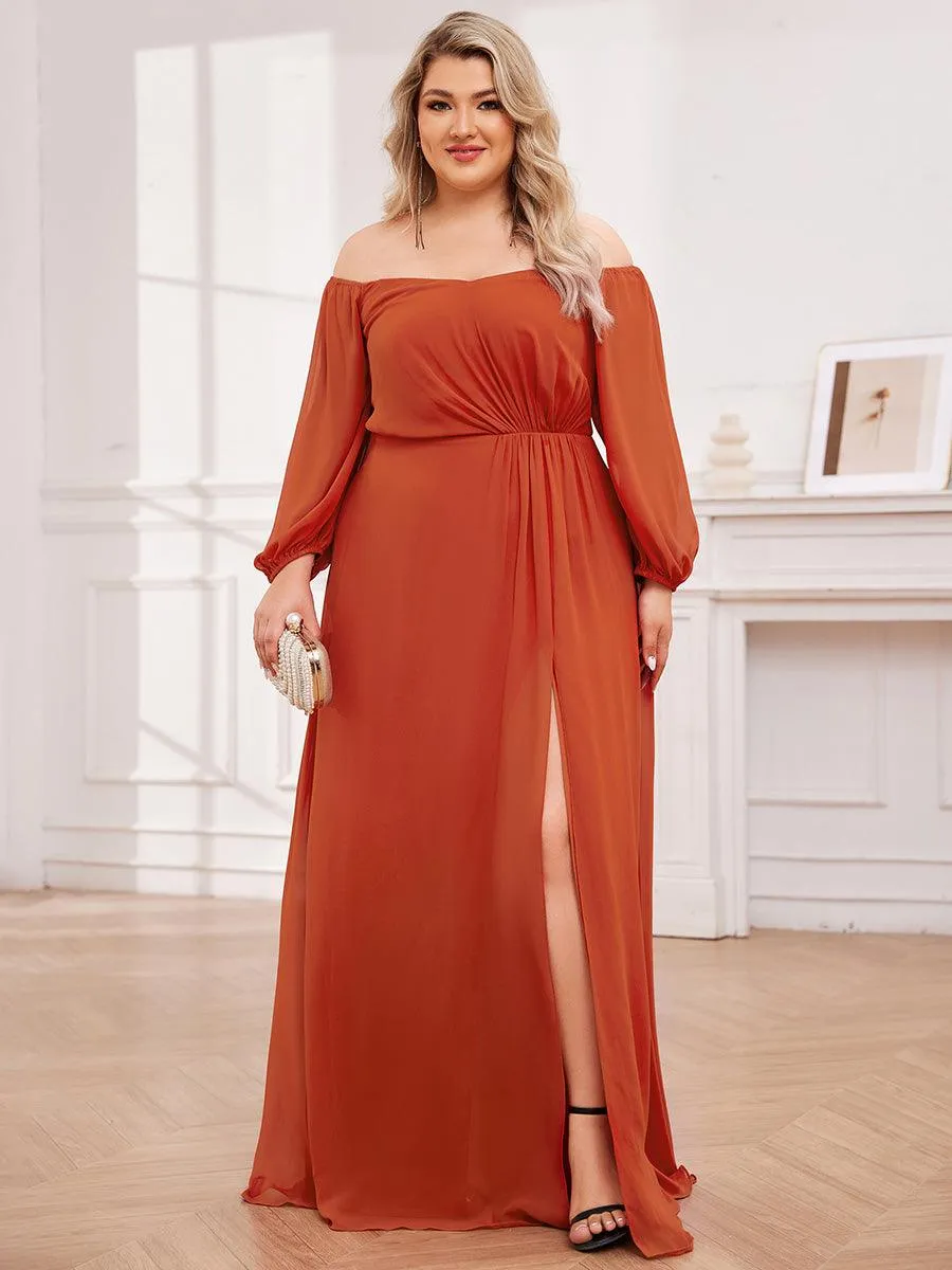 Robe de demoiselle d'honneur plissée taille haute fendue de grande taille avec manches longues