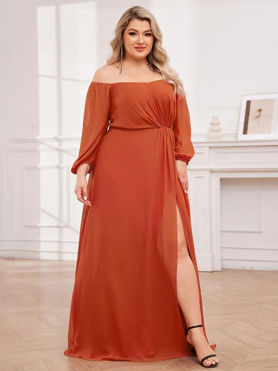 Robe de demoiselle d'honneur plissée taille haute fendue de grande taille avec manches longues