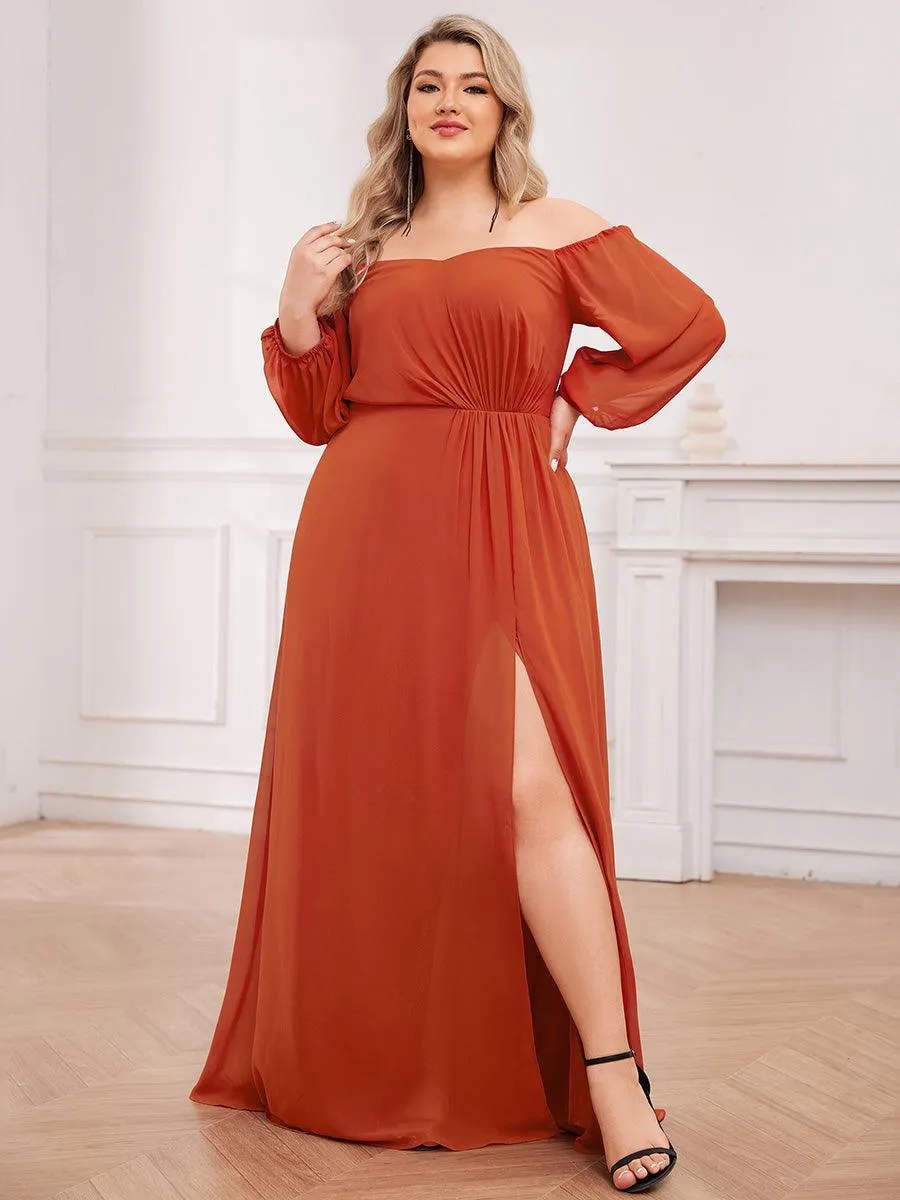 Robe de demoiselle d'honneur plissée taille haute fendue de grande taille avec manches longues
