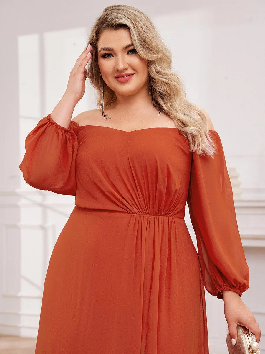 Robe de demoiselle d'honneur plissée taille haute fendue de grande taille avec manches longues