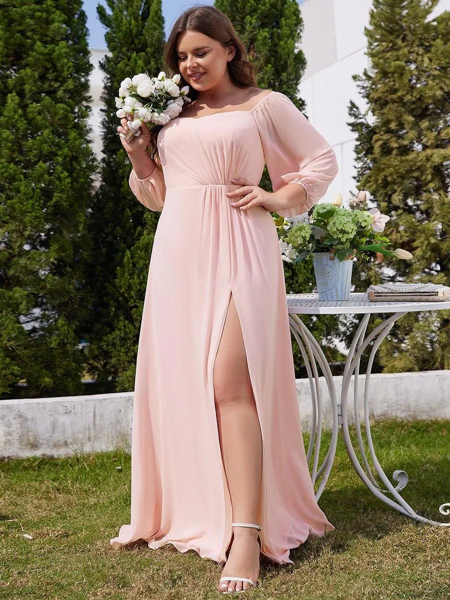 Robe de demoiselle d'honneur plissée taille haute fendue de grande taille avec manches longues