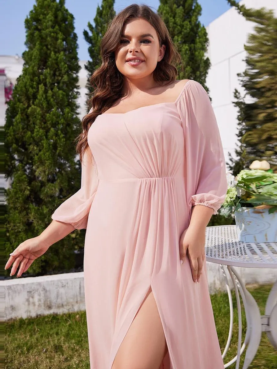 Robe de demoiselle d'honneur plissée taille haute fendue de grande taille avec manches longues