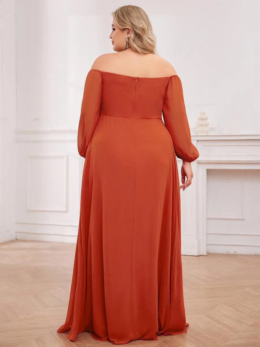 Robe de demoiselle d'honneur plissée taille haute fendue de grande taille avec manches longues