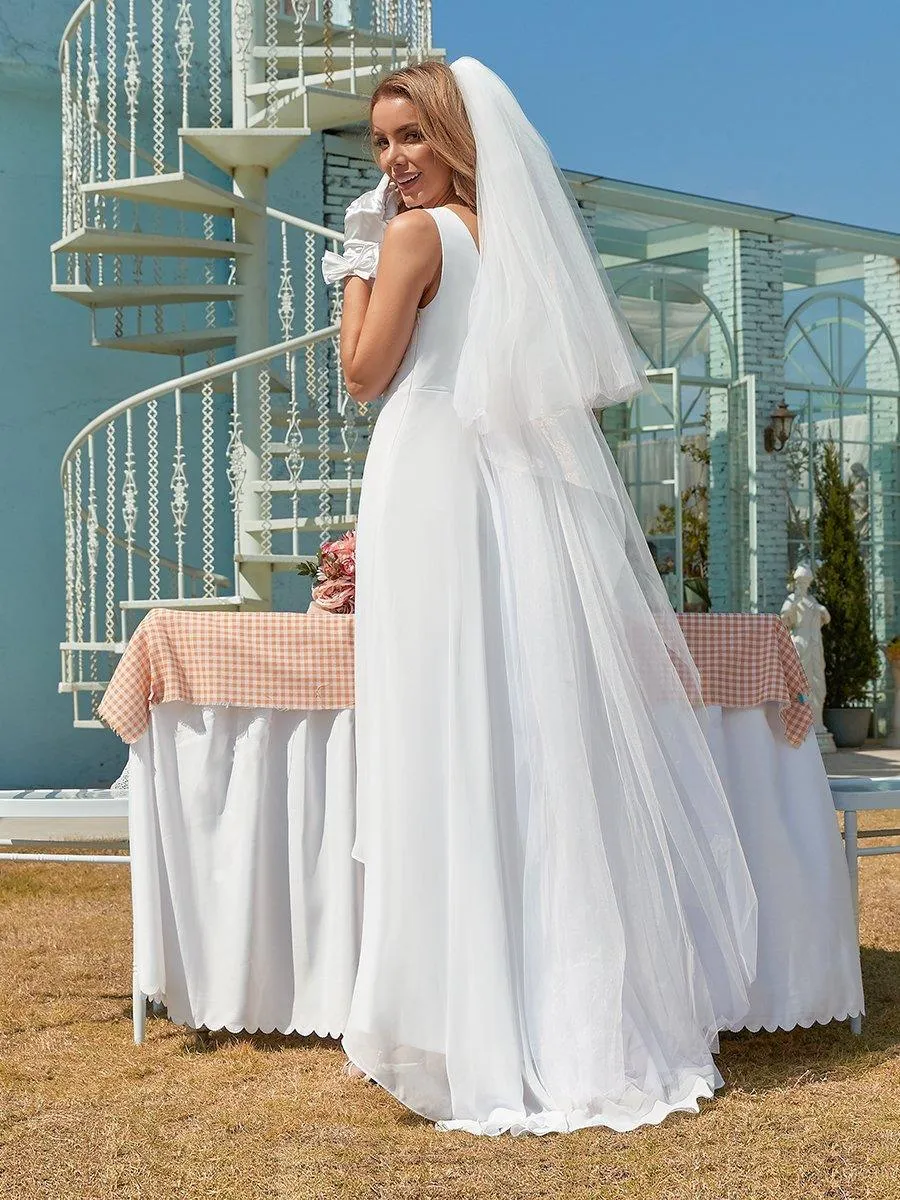 Robe de mariée simple en mousseline avec décolleté en V et ourlet asymétrique(Vente finale)