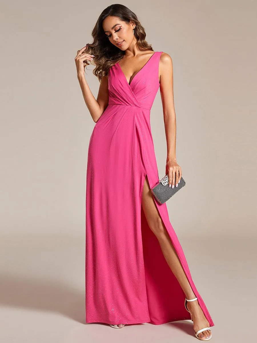 Robe De Soirée Formelle Trapèze À Fente Latérale Et Col En V Double Sans Manches Pailletée