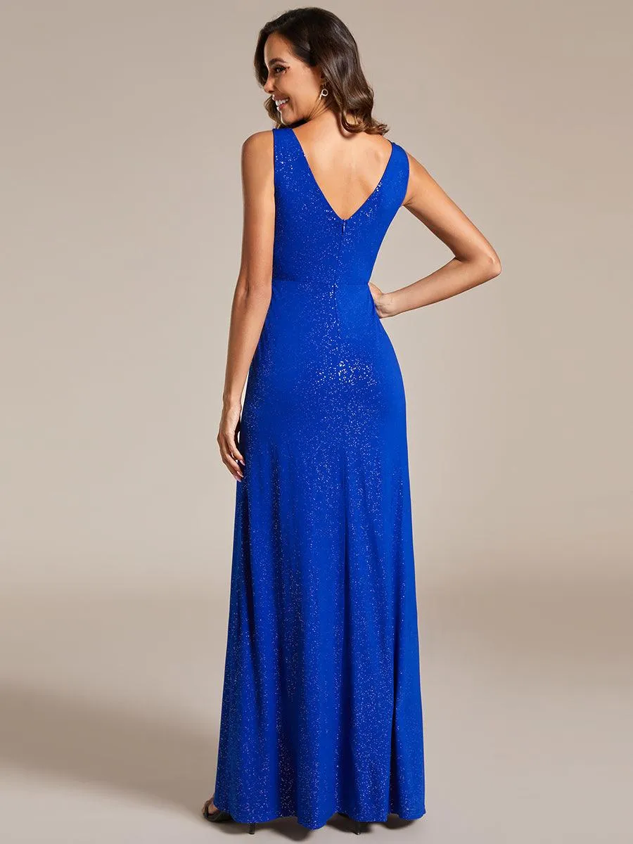 Robe De Soirée Formelle Trapèze À Fente Latérale Et Col En V Double Sans Manches Pailletée