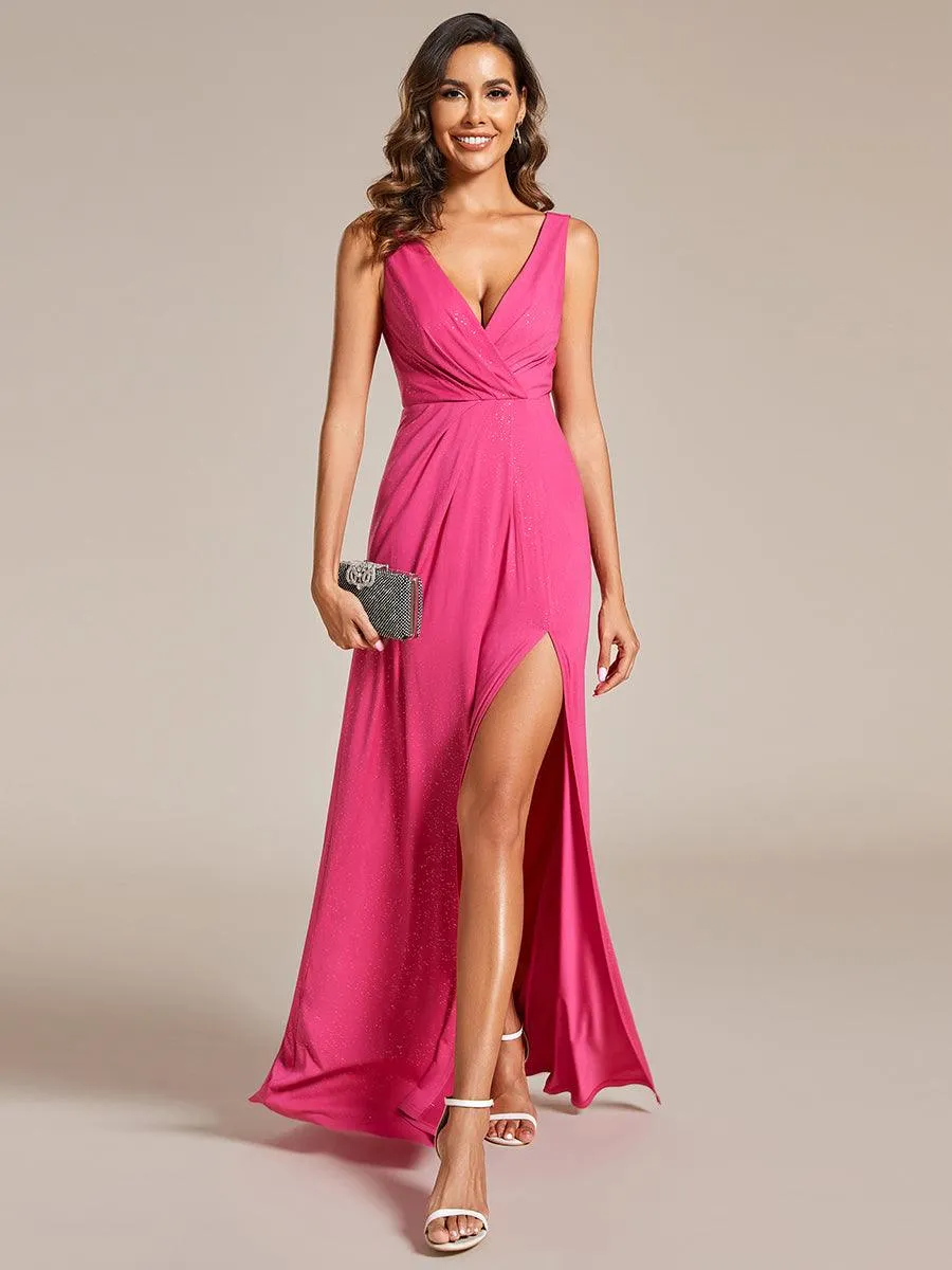 Robe De Soirée Formelle Trapèze À Fente Latérale Et Col En V Double Sans Manches Pailletée
