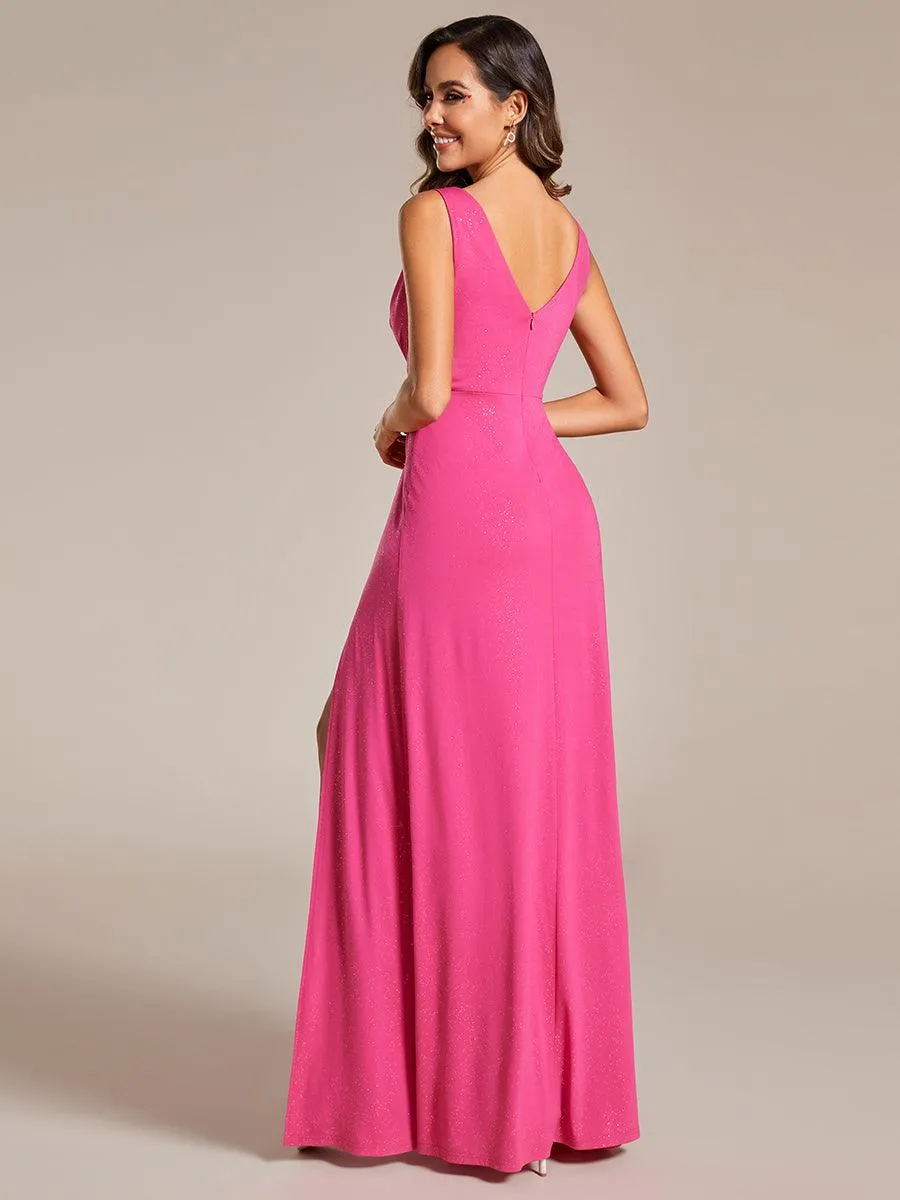 Robe De Soirée Formelle Trapèze À Fente Latérale Et Col En V Double Sans Manches Pailletée