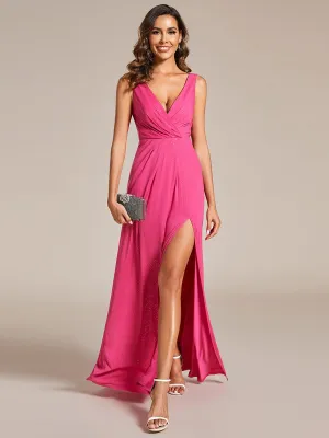Robe De Soirée Formelle Trapèze À Fente Latérale Et Col En V Double Sans Manches Pailletée