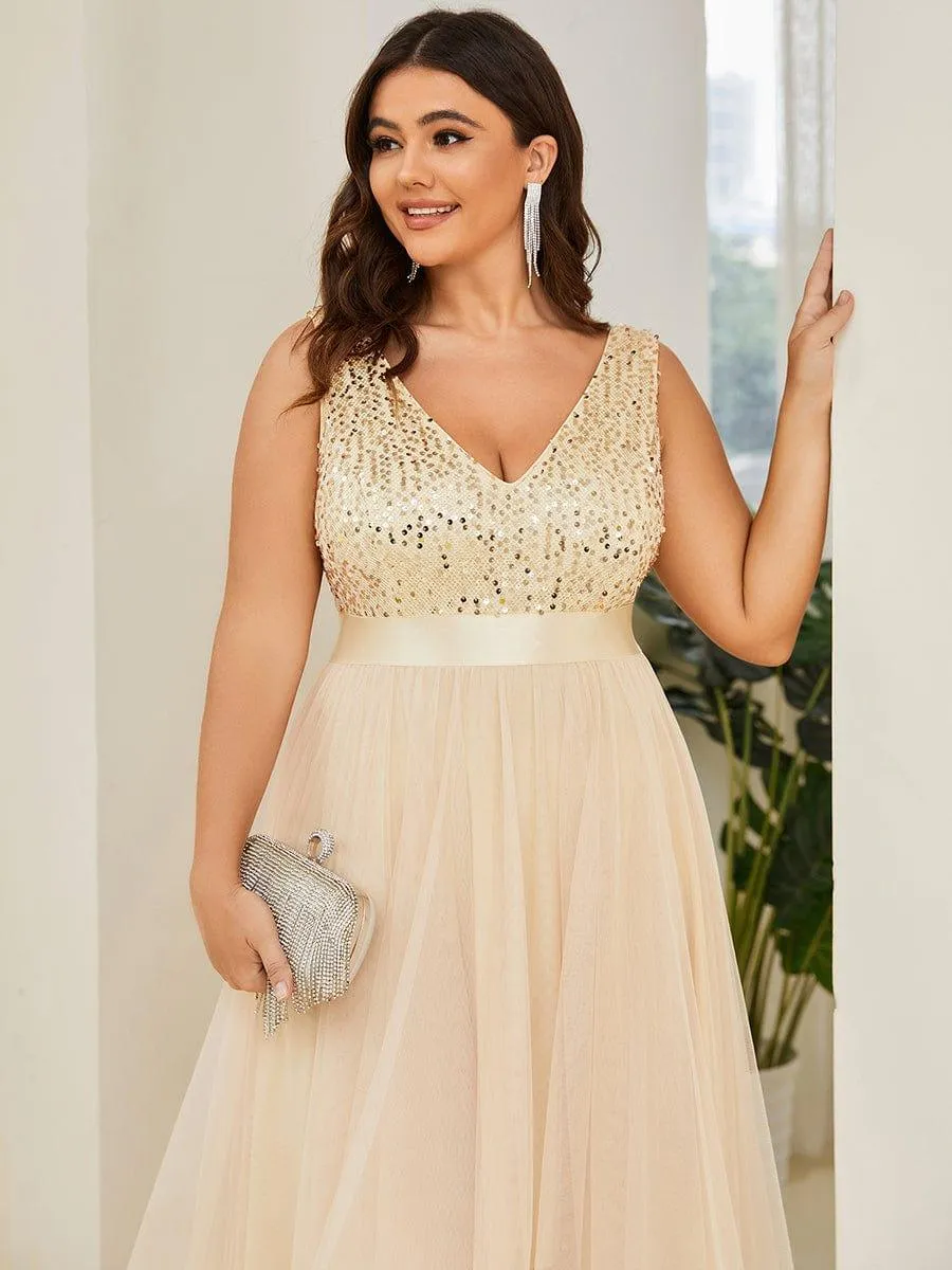 Robe de soirée haute basse sans manches à col en V et sequins