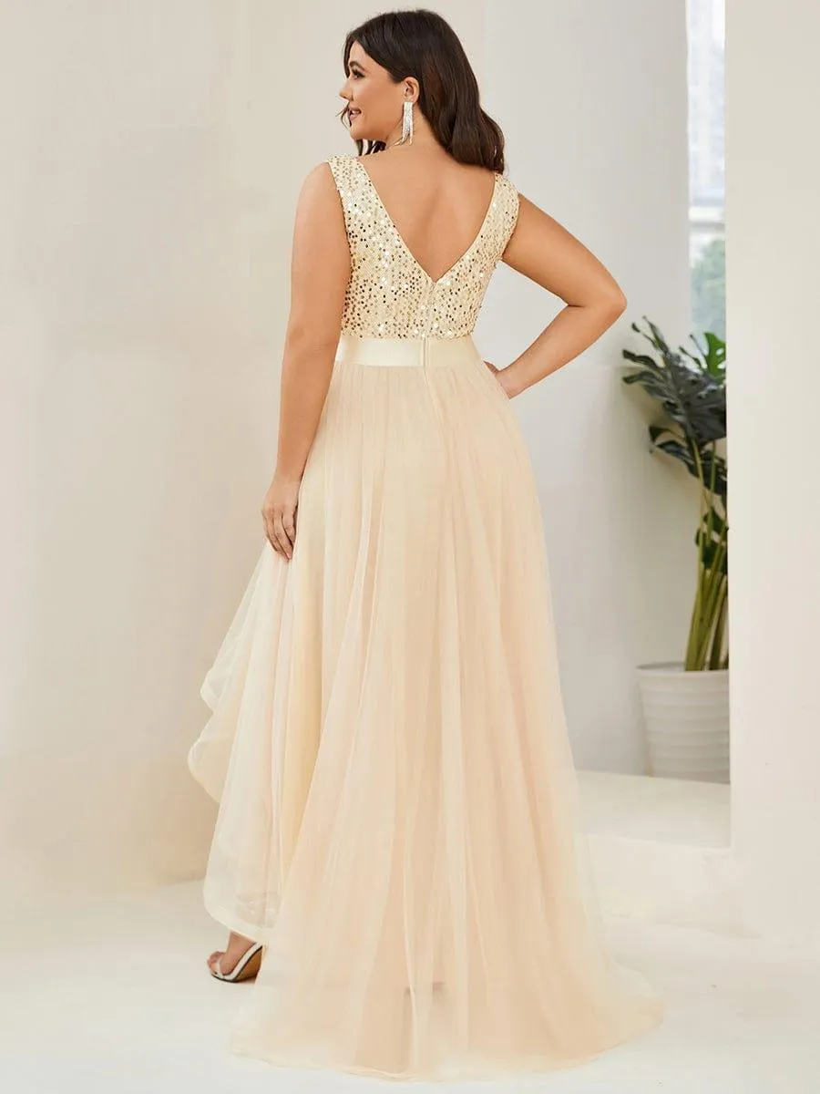 Robe de soirée haute basse sans manches à col en V et sequins