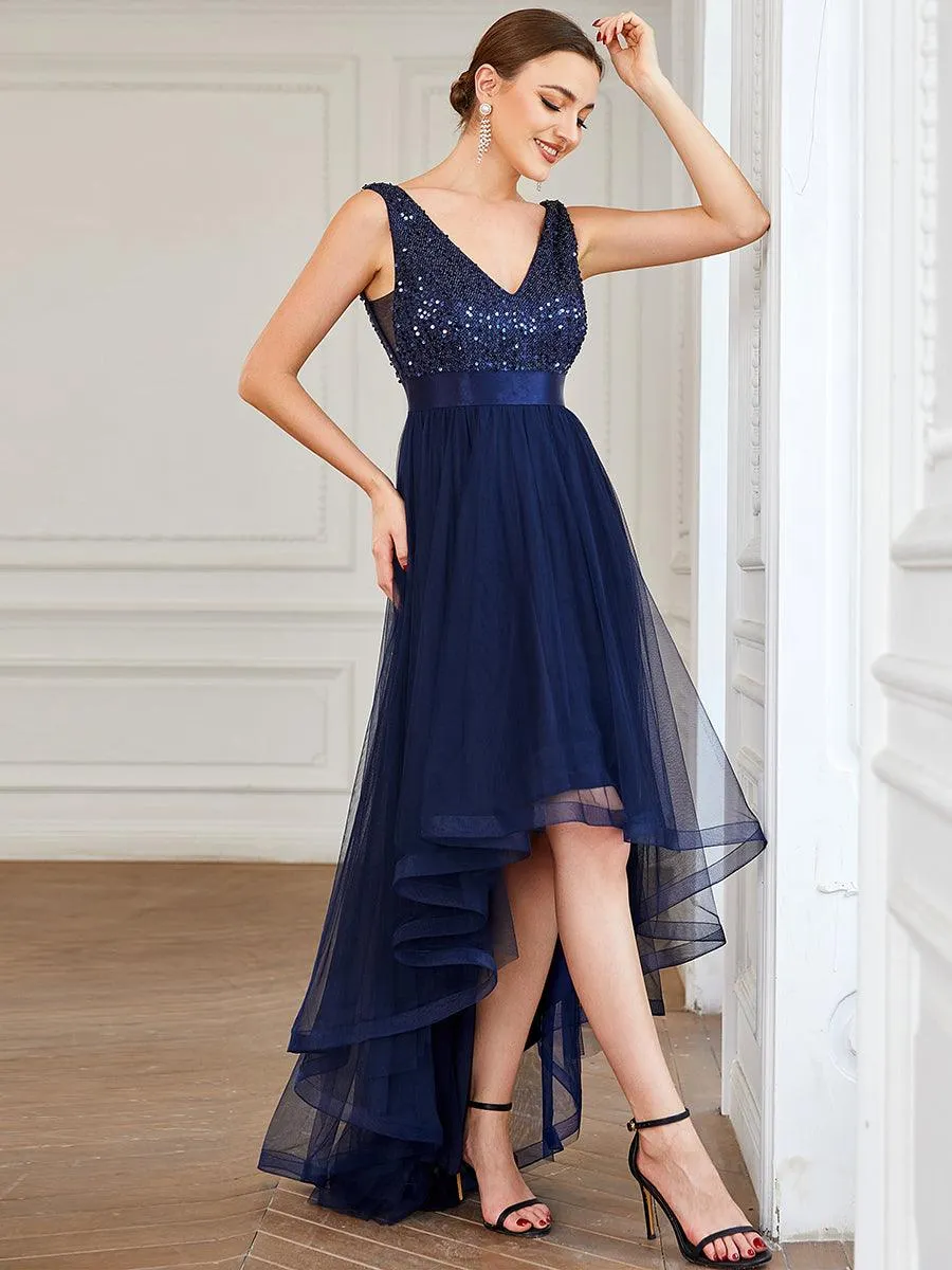 Robe de soirée haute basse sans manches à col en V et sequins